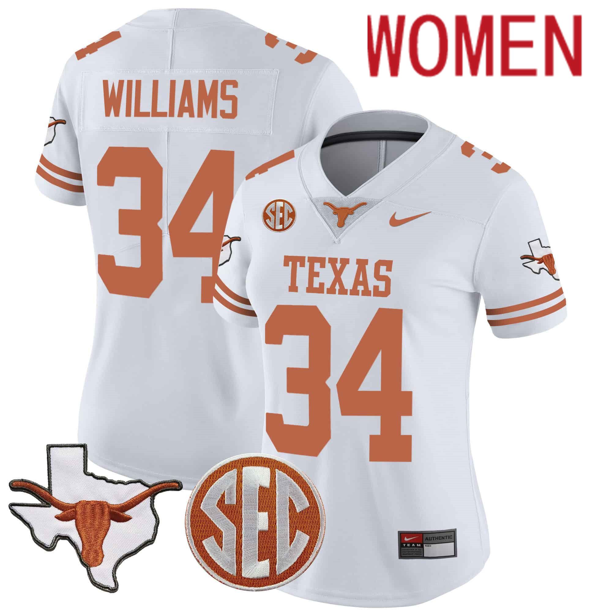 Women Texas Longhorns #34 Williams White 2024 Nike State Map & SEC Patch Vapor NCAA Jersey